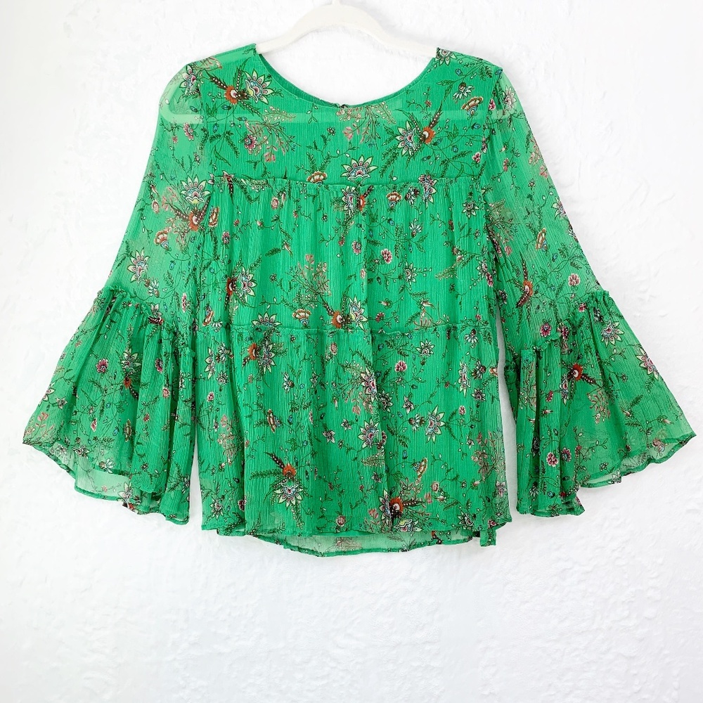 Sundance Tiered Bell Sleeve Green Floral Flowy Blouse Sz XS - Picture 2 of 11